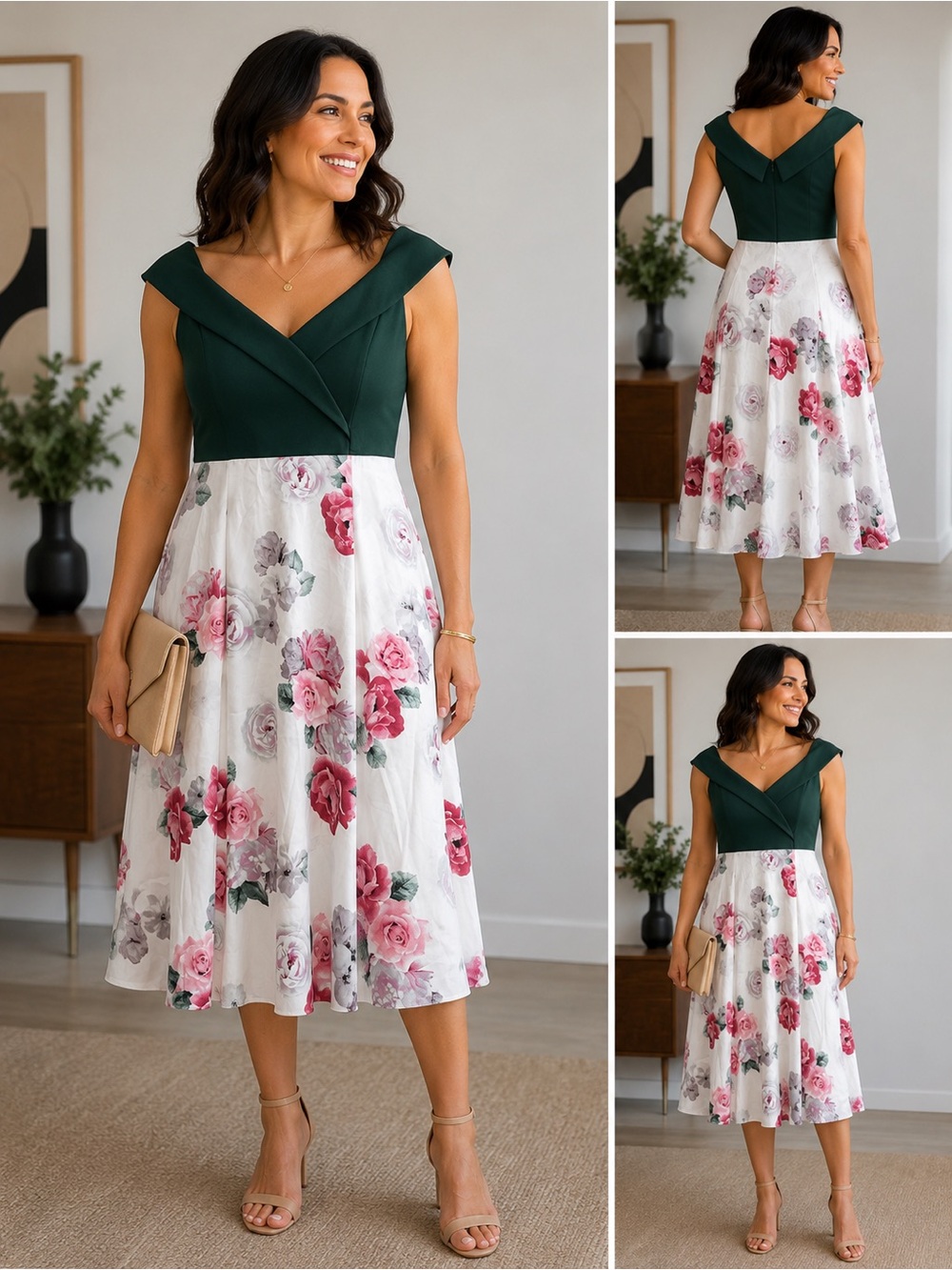 Suzy Shier Green and White Floral Midi Dress
